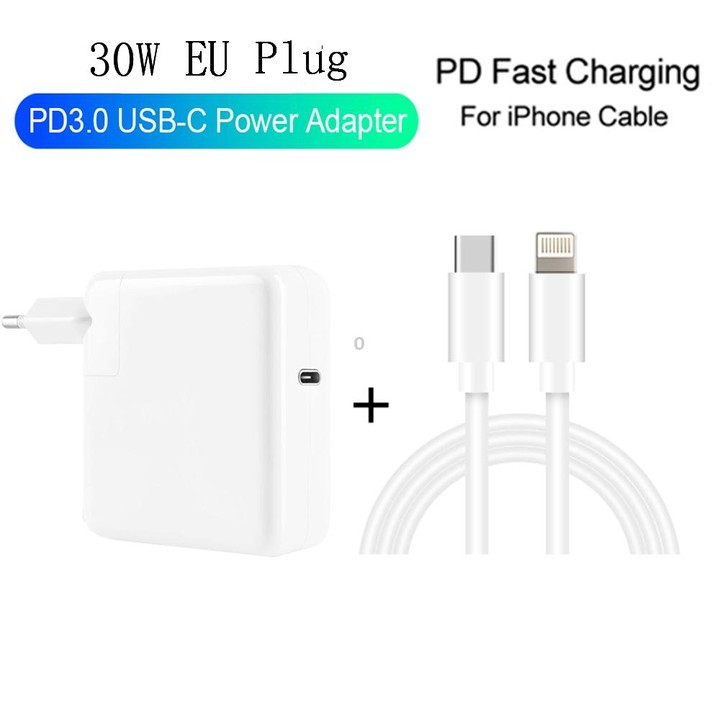 2 in 1 PD3.0 30W USB-C / Type-C Travel Charger with Detachable Foot + PD3.0 3A USB-C / Type-C to 8 Pin Fast Charge Data Cable Se