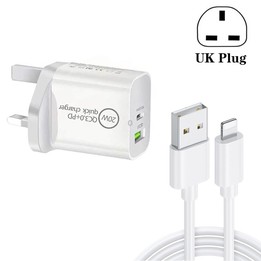 SDC-20WA+C 20W PD 3.0 + QC 3.0 USB Dual Fast Charging Universal Travel Charger with USB to 8 Pin Fast Charging Data Cable, UK Pl
