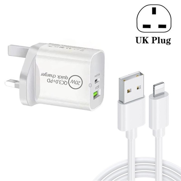 SDC-20WA+C 20W PD 3.0 + QC 3.0 USB Dual Fast Charging Universal Travel Charger with USB to 8 Pin Fast Charging Data Cable, UK Pl
