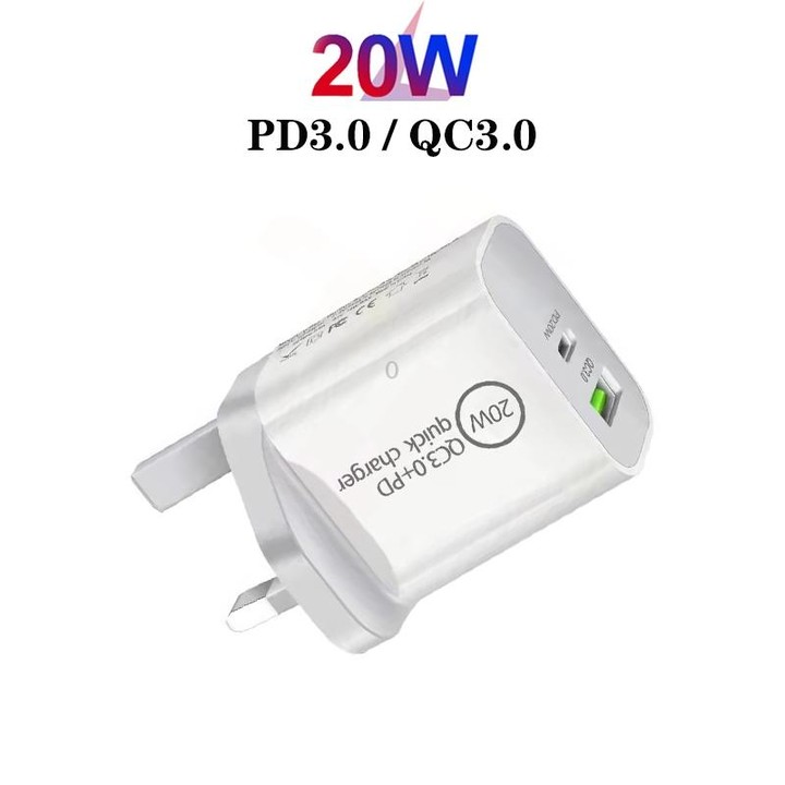 SDC-20WA+C 20W PD 3.0 + QC 3.0 USB Dual Fast Charging Universal Travel Charger with USB to Type-C / USB-C Fast Charging Data Cab