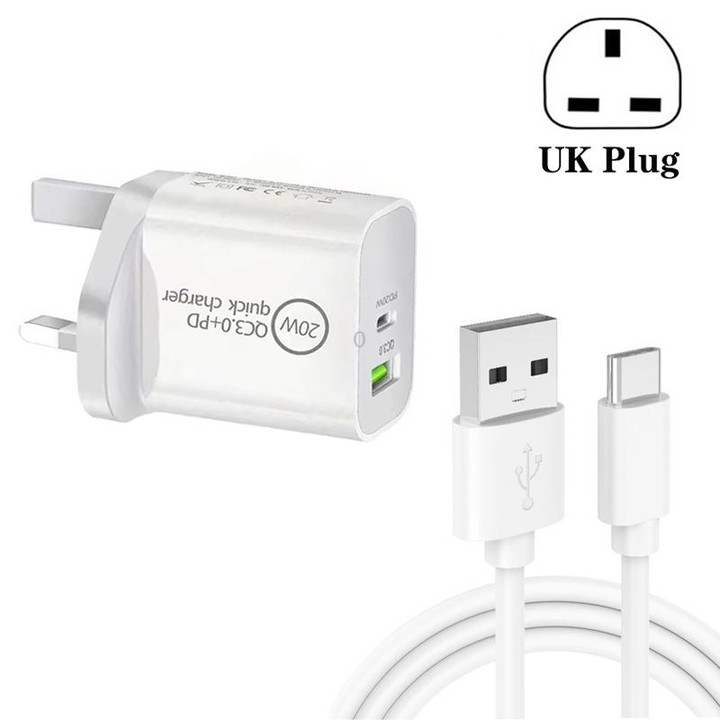 SDC-20WA+C 20W PD 3.0 + QC 3.0 USB Dual Fast Charging Universal Travel Charger with USB to Type-C / USB-C Fast Charging Data Cab