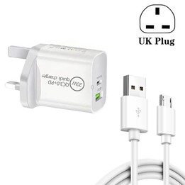 SDC-20WA+C 20W PD + QC 3.0 USB Dual Fast Charging Universal Travel Charger with USB to Micro USB Fast Charging Data Cable, UK Pl