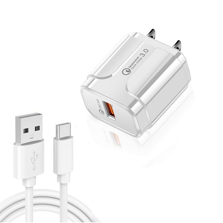 LZ-023 18W QC3.0 USB Portable Travel Charger + 3A USB to Type-C Data Cable, US Plug(White)
