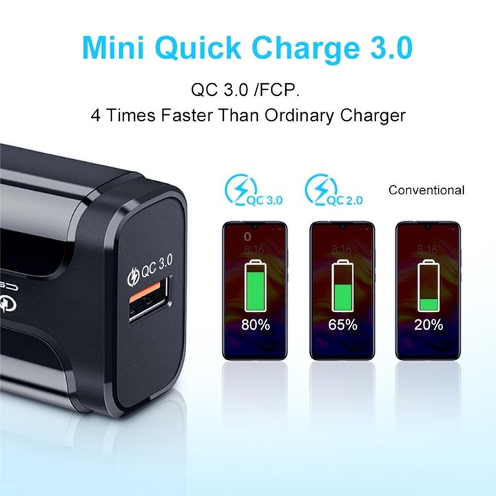 LZ-023 18W QC3.0 USB Portable Travel Charger + 3A USB to Type-C Data Cable, US Plug(Black)