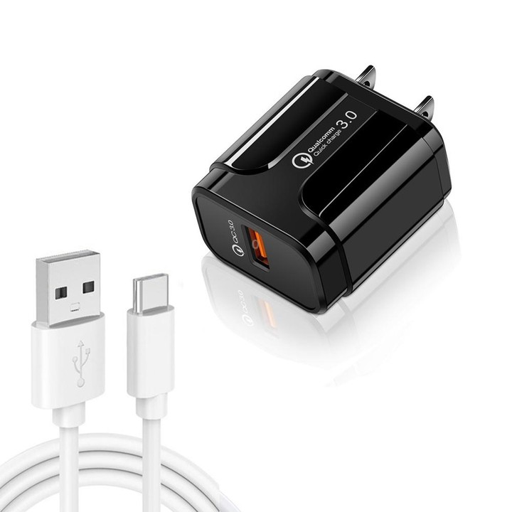 LZ-023 18W QC3.0 USB Portable Travel Charger + 3A USB to Type-C Data Cable, US Plug(Black)