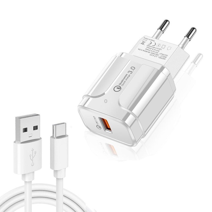 LZ-023 18W QC 3.0 USB Portable Travel Charger + 3A USB to Type-C Data Cable, EU Plug(White)