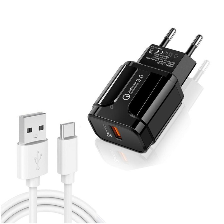 LZ-023 18W QC 3.0 USB Portable Travel Charger + 3A USB to Type-C Data Cable, EU Plug(Black)