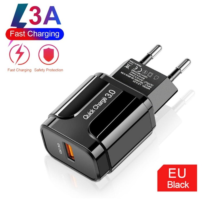 LZ-023 18W QC 3.0 USB Portable Travel Charger + 3A USB to Type-C Data Cable, EU Plug(Black)