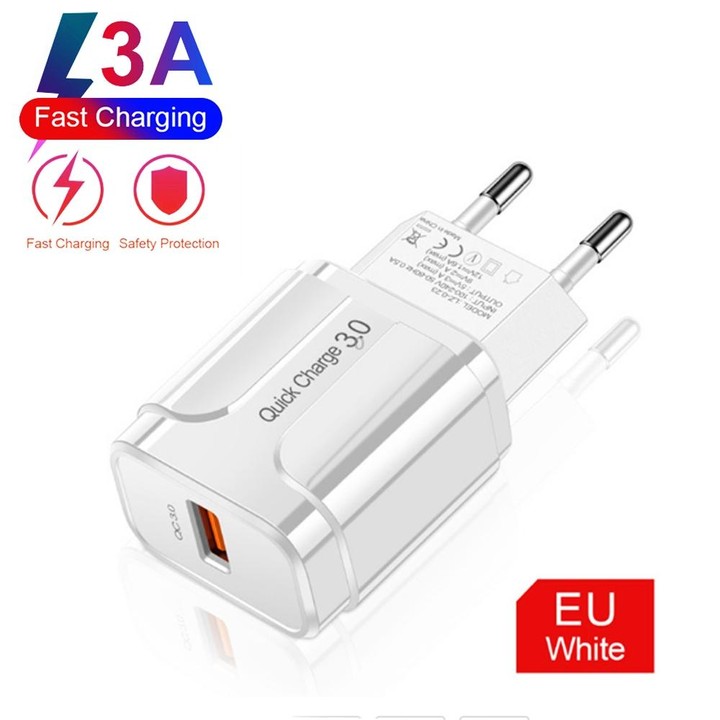 LZ-023 18W QC 3.0 USB Portable Travel Charger + 3A USB to Micro USB Data Cable, EU Plug(White)
