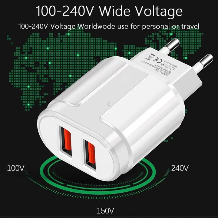 Dual USB Portable Travel Charger + 1 Meter USB to Type-C Data Cable, EU Plug(Black)