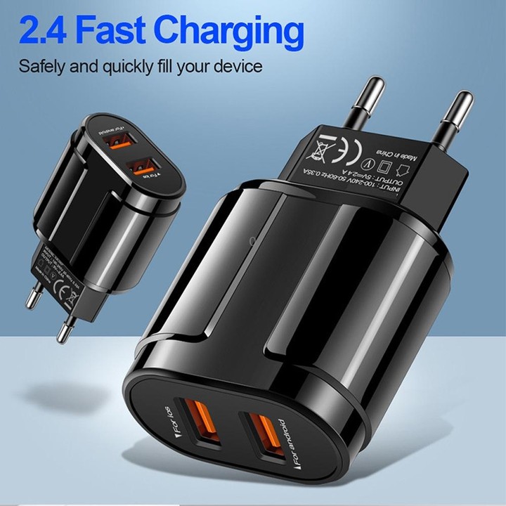 Dual USB Portable Travel Charger + 1 Meter USB to Type-C Data Cable, EU Plug(Black)