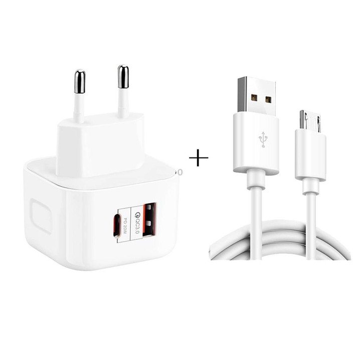 YSY-6087PD 20W PD3.0 + QC3.0 Dual Fast Charge Travel Charger with USB to Micro USB Data Cable, Plug Size:UK Plug