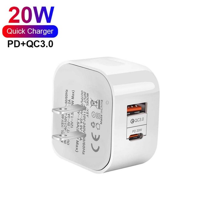 YSY-6087PD 20W PD3.0 + QC3.0 Dual Fast Charge Travel Charger with USB to Type-C Data Cable, Plug Size:US Plug