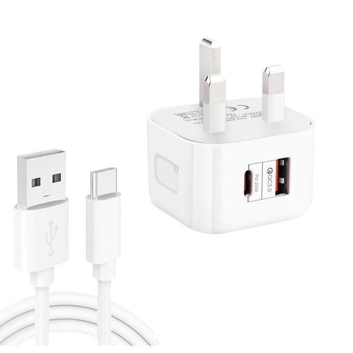 YSY-6087PD 20W PD3.0 + QC3.0 Dual Fast Charge Travel Charger with USB to Type-C Data Cable, Plug Size:UK Plug