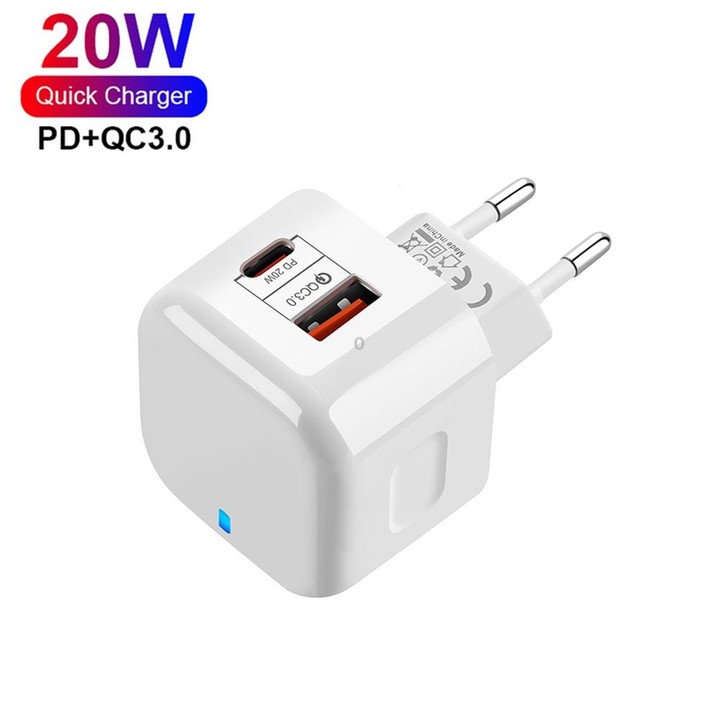 YSY-6087PD 20W PD3.0 + QC3.0 Dual Fast Charge Travel Charger with Type-C to Type-C Data Cable EU Plug