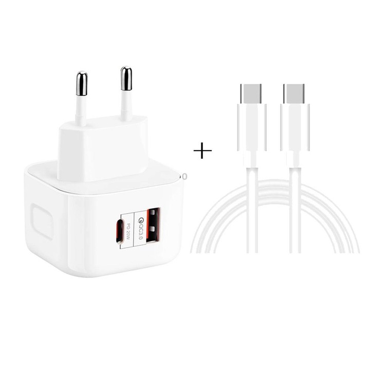 YSY-6087PD 20W PD3.0 + QC3.0 Dual Fast Charge Travel Charger with Type-C to Type-C Data Cable EU Plug