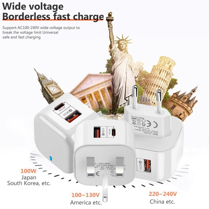 YSY-6087PD 20W PD3.0 + QC3.0 Dual Fast Charge Travel Charger with Type-C to Type-C Data Cable US Plug