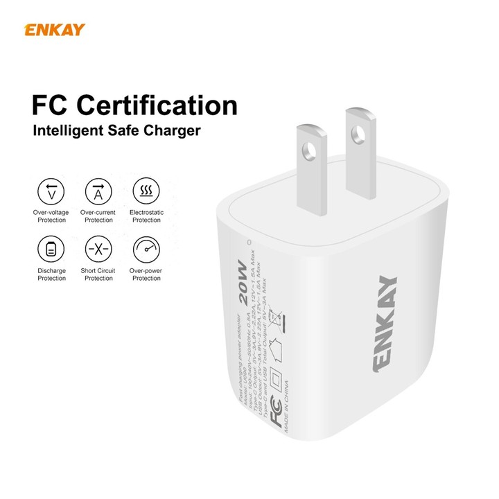 ENKAY Hat-Prince U090 20W PD + QC 3.0 Portable Dual Ports Fast Charging Travel Charger Power Adapter, US Plug