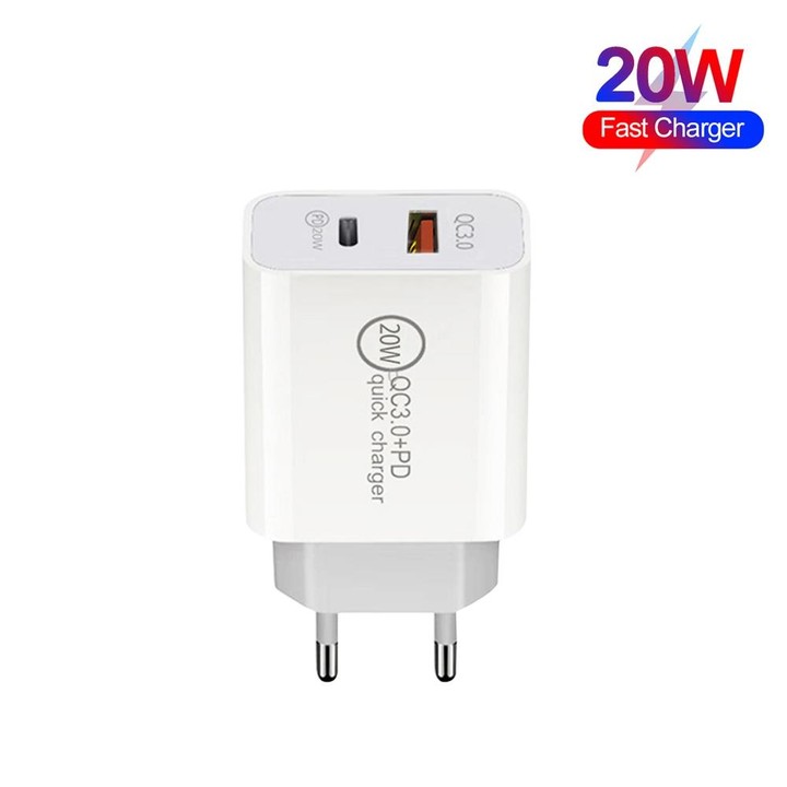 Dual Fast Charging 20W PD3.0+QC 3.0 Interface Travel Charger for iPhone, Huawei, Samsung, Xiaomi EU Plug