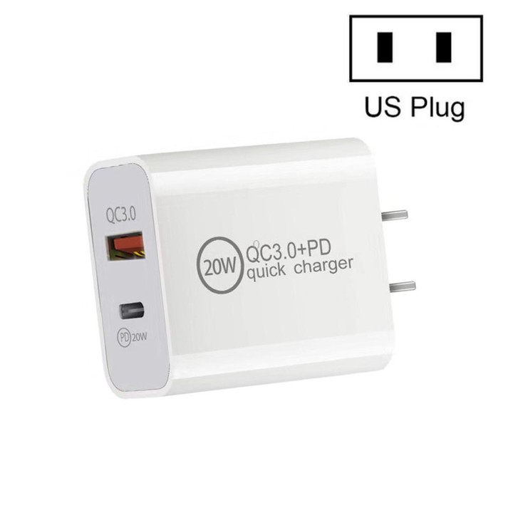 Dual Fast Charging 20W PD3.0+QC 3.0 Interface Travel Charger for iPhone, Huawei, Samsung, Xiaomi US Plug
