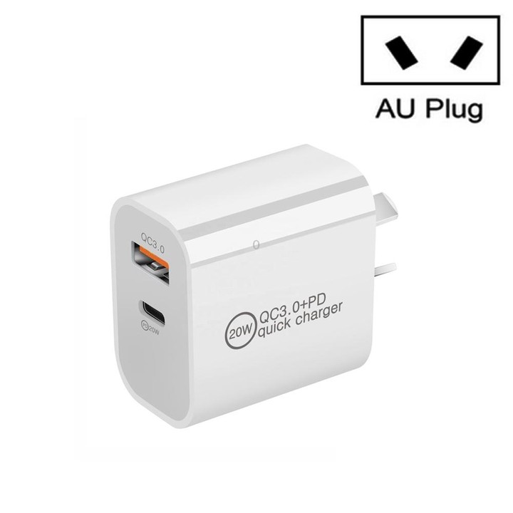 TCS-20WACA Dual Fast Charging 20W PD3.0+QC 3.0 Interface Travel Charger for iPhone, Huawei, Samsung, Xiaomi, AU Plug