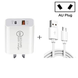 TCS-20WACA 20W PD Type-C + QC 3.0 USB Interface Fast Charging Travel Charger with USB to Micro USB Fast Charge Data Cable AU Plu