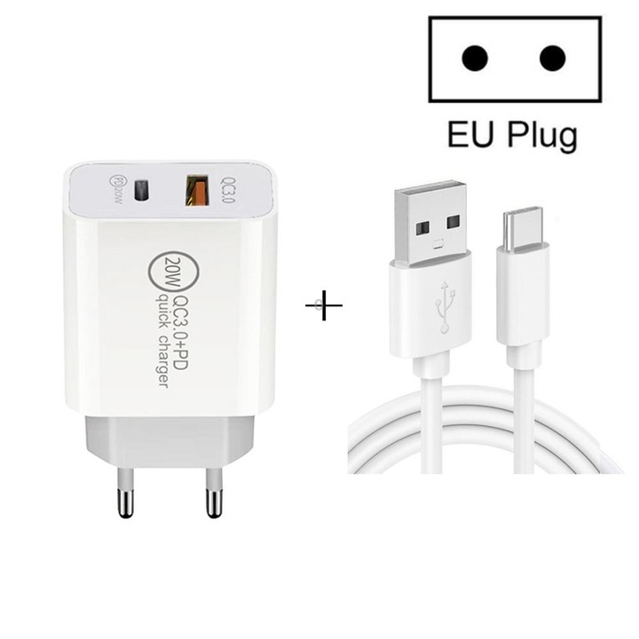 20W PD Type-C + QC 3.0 USB Interface Fast Charging Travel Charger with USB to Type-C Fast Charge Data Cable EU Plug