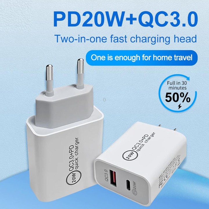 20W PD Type-C + QC 3.0 USB Interface Fast Charging Travel Charger with USB to Type-C Fast Charge Data Cable US Plug