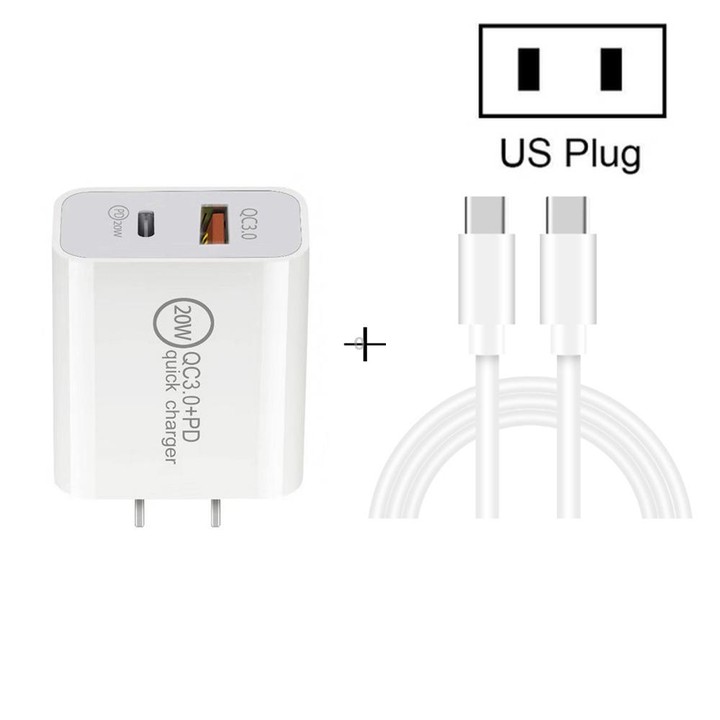 20W PD Type-C + QC 3.0 USB Interface Fast Charging Travel Charger with USB-C / Type-C to Type-C Fast Charge Data Cable US Plug