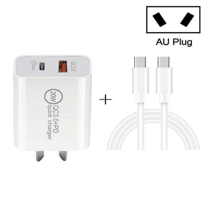 TCS-20WACA 20W PD Type-C + QC 3.0 USB Interface Fast Charging Travel Charger with USB-C / Type-C to Type-C Fast Charge Data Cabl