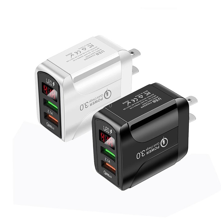 F002C QC3.0 USB + USB 2.0 Fast Charger with LED Digital Display for Mobile Phones and Tablets, US Plug(Black)