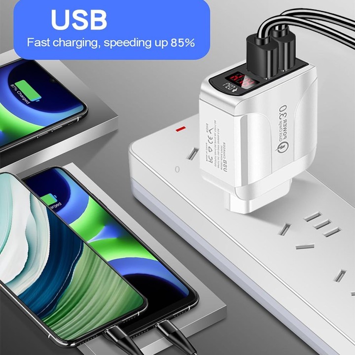 F002C QC3.0 USB + USB 2.0 Fast Charger with LED Digital Display for Mobile Phones and Tablets, US Plug(Black)