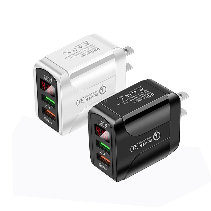 F002C QC3.0 USB + USB 2.0 Fast Charger with LED Digital Display for Mobile Phones and Tablets, US Plug(White)
