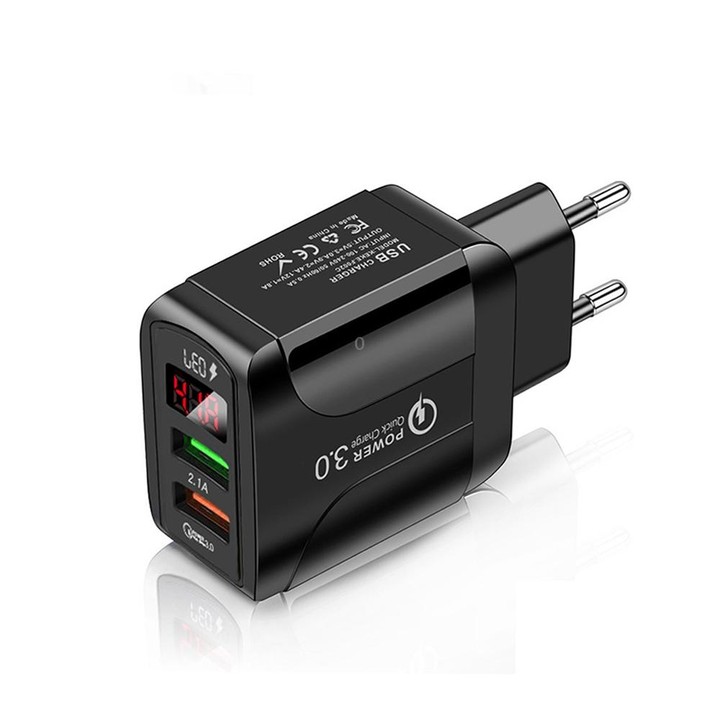F002C QC3.0 USB + USB 2.0 Fast Charger with LED Digital Display for Mobile Phones and Tablets, EU Plug(Black)