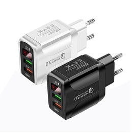 F002C QC3.0 USB + USB 2.0 Fast Charger with LED Digital Display for Mobile Phones and Tablets, EU Plug(White)