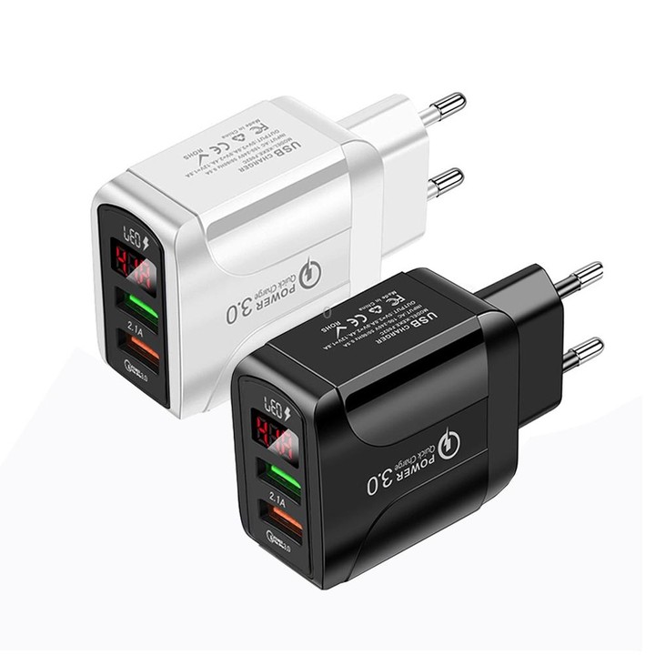 F002C QC3.0 USB + USB 2.0 Fast Charger with LED Digital Display for Mobile Phones and Tablets, EU Plug(White)