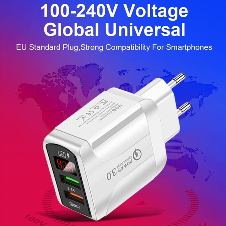 F002C QC3.0 USB + USB 2.0 Fast Charger with LED Digital Display for Mobile Phones and Tablets, EU Plug(White)