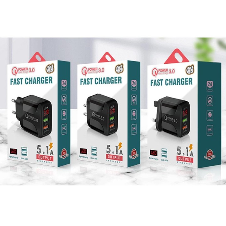 F002C QC3.0 USB + USB 2.0 Fast Charger with LED Digital Display for Mobile Phones and Tablets, EU Plug(White)