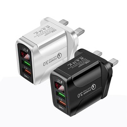 F002C QC3.0 USB + USB 2.0 Fast Charger with LED Digital Display for Mobile Phones and Tablets, UK Plug(Black)