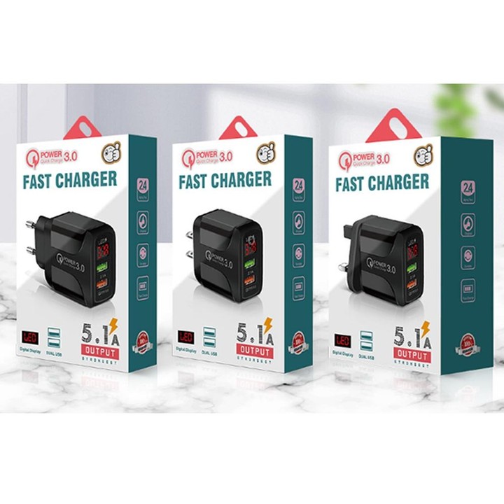 F002C QC3.0 USB + USB 2.0 Fast Charger with LED Digital Display for Mobile Phones and Tablets, UK Plug(Black)