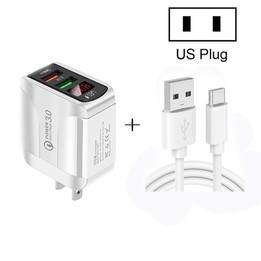 F002C QC3.0 USB + USB 2.0 LED Digital Display Fast Charger with USB to Type-C Data Cable, US Plug(White)