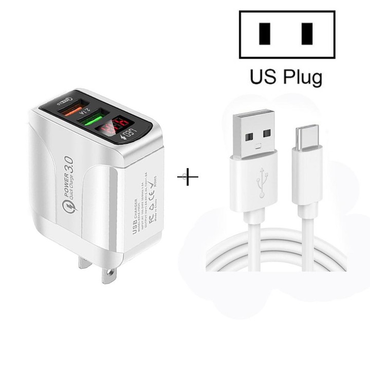 F002C QC3.0 USB + USB 2.0 LED Digital Display Fast Charger with USB to Type-C Data Cable, US Plug(White)