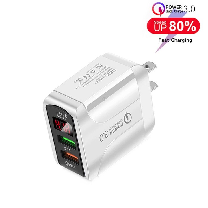 F002C QC3.0 USB + USB 2.0 LED Digital Display Fast Charger with USB to Type-C Data Cable, US Plug(White)