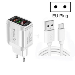 F002C QC3.0 USB + USB 2.0 LED Digital Display Fast Charger with USB to Type-C Data Cable, EU Plug(Black)