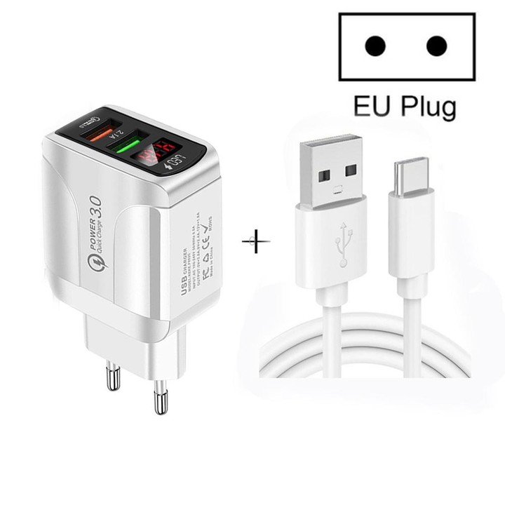 F002C QC3.0 USB + USB 2.0 LED Digital Display Fast Charger with USB to Type-C Data Cable, EU Plug(Black)
