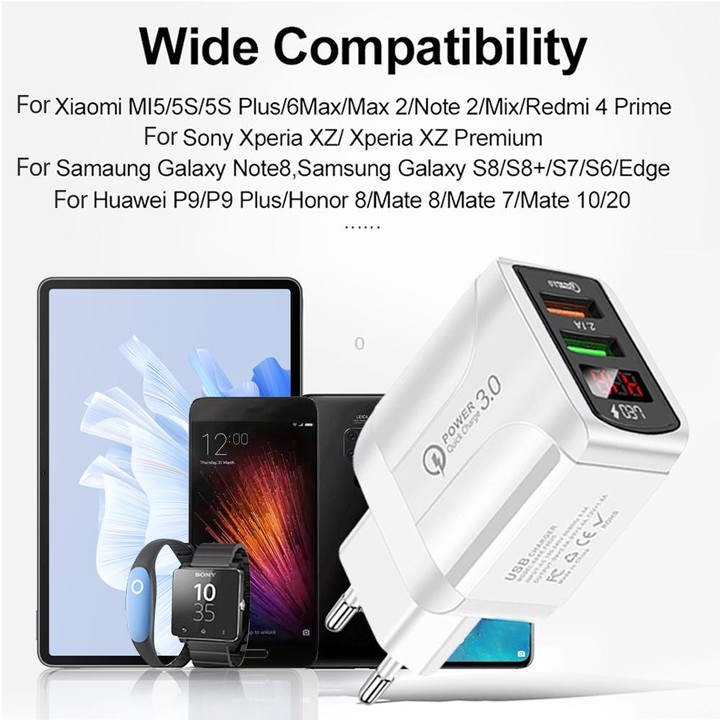 F002C QC3.0 USB + USB 2.0 LED Digital Display Fast Charger with USB to Type-C Data Cable, EU Plug(Black)