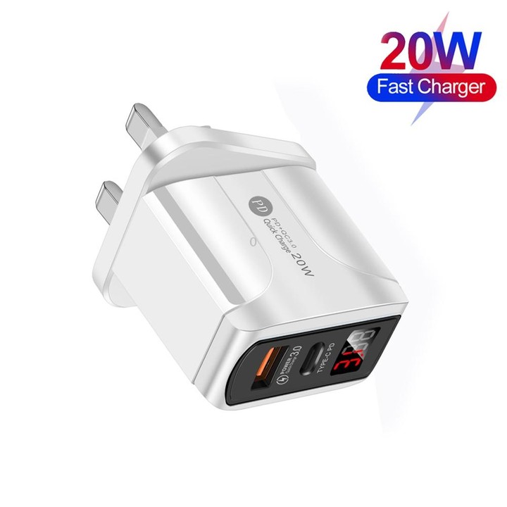 F002C QC3.0 USB + USB 2.0 LED Digital Display Fast Charger with USB to Type-C Data Cable, UK Plug(White)