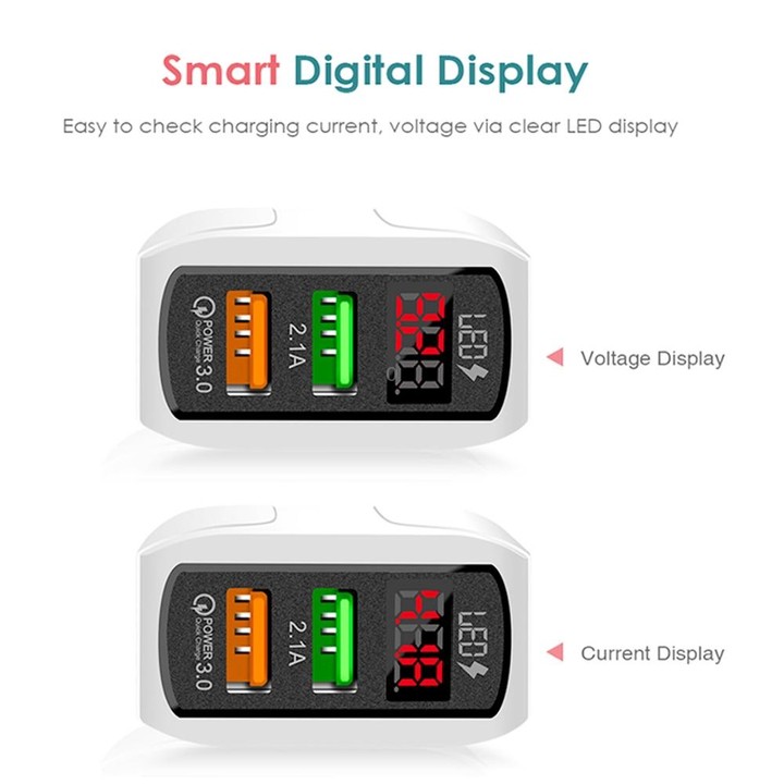 F002C QC3.0 USB + USB 2.0 LED Digital Display Fast Charger with USB to Type-C Data Cable, UK Plug(Black)