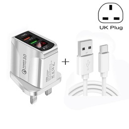 F002C QC3.0 USB + USB 2.0 LED Digital Display Fast Charger with USB to Type-C Data Cable, UK Plug(Black)