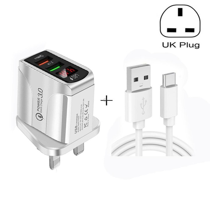 F002C QC3.0 USB + USB 2.0 LED Digital Display Fast Charger with USB to Type-C Data Cable, UK Plug(Black)